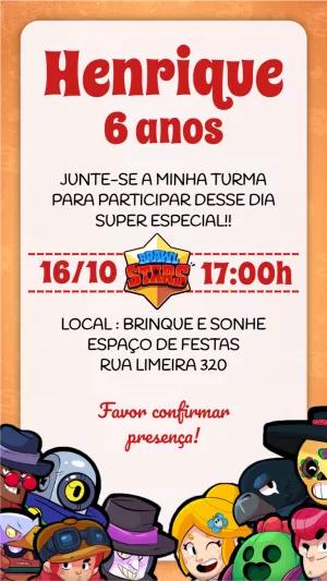 Convite Aniversário Brawl Stars com Personagens para Editar Online