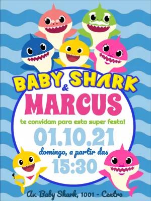 Convite de Aniversário Baby Shark com Personagens para Editar