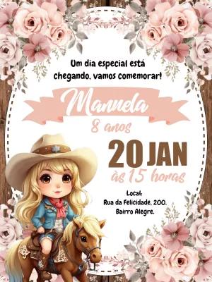 Convite Aniversário Boiadeira Menina Rosa para Editar Online