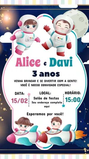 Convite Aniversário Duplo Astronautas para Editar Online