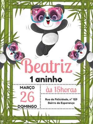 Convite Aniversário Panda Menina com Óculos para Editar Online