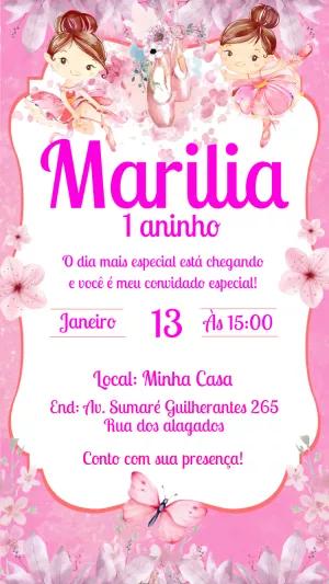Convite de Aniversário Bailarina Rosa Delicada para Editar