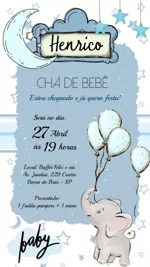 Convite Chá de Bebê Elefantinho Azul para Editar Online