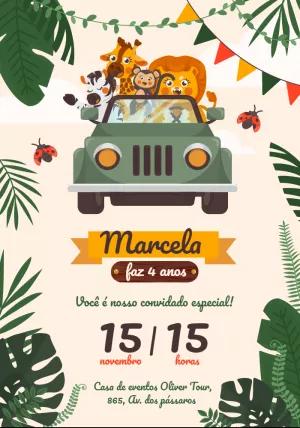 Convite de Aniversário Safari com Animais para Editar Online