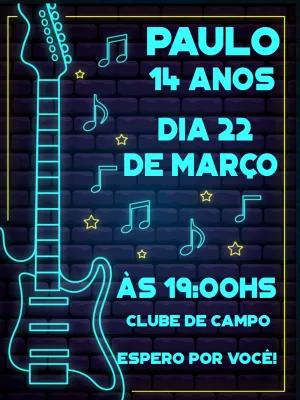 Convite Aniversário Guitarra Neon para Editar Online