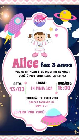 Convite de Aniversário Astronauta Menina Editável Online