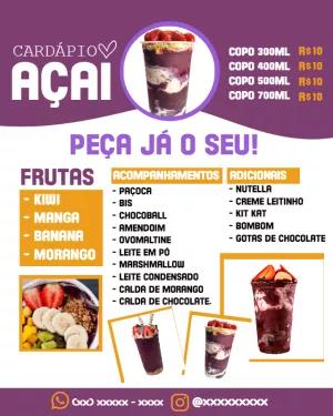 Cardápio de Açaí Roxo com Fotos para Editar Online