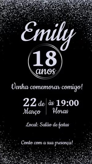 Convite de Aniversário Glitter Preto e Prata para Editar Online