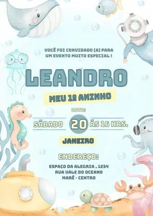 Convite Aniversário Fundo do Mar Aquarela para Editar Online