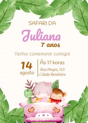 Convite Aniversário Safari Menina com Animais para Editar