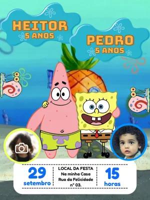 Convite Aniversário Duplo Bob Esponja com Foto para Editar