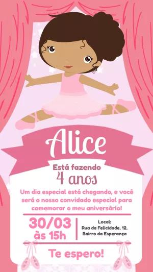 Convite Aniversário Bailarina Morena para Editar Online