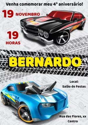 Convite de Aniversário Hot Wheels Editável com Carros de Corrida