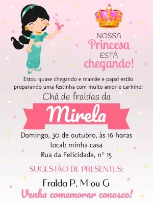 Convite Chá de Fraldas Princesa Jasmine para Editar Online