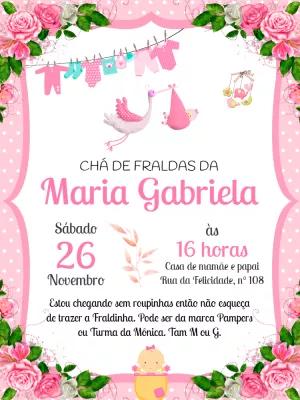 Convite Chá de Fraldas Menina Varal e Cegonha para Editar