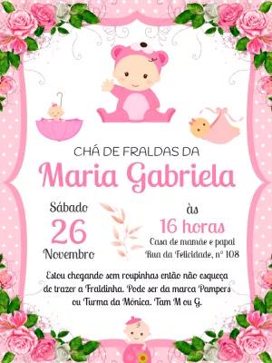 Convite Chá de Fraldas Menina Ursinha Floral para Editar