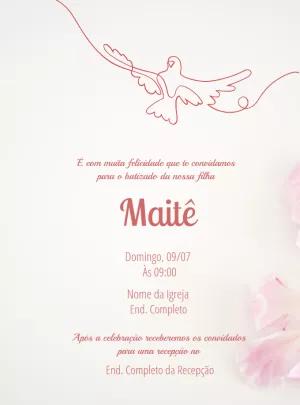 Convite Batizado Menina Rosa com Pomba para Editar Online