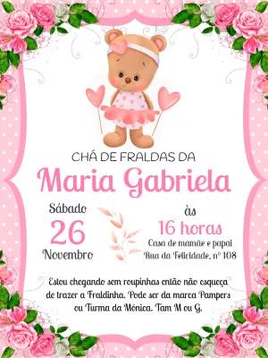 Convite Chá de Fraldas Ursinha Rosa para Editar Online