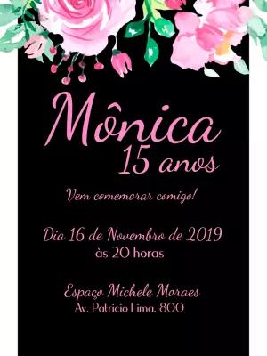 Convite 15 anos Floral Preto e Rosa para Editar Online