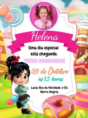 Convite Aniversário Vanellope com Foto para Editar Online