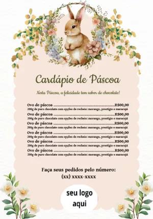 Cardápio de Páscoa com Coelho Floral para Editar Online