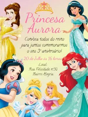 Convite de Aniversário Princesas da Disney para Editar Online