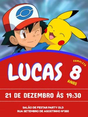 Convite Aniversário Pokémon Editável com Ash e Pikachu