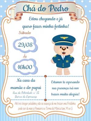 Convite Chá de Fraldas Ursinho Aviador para Editar Online