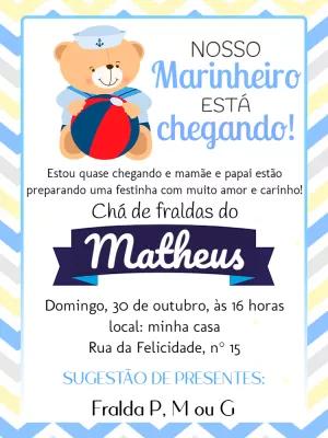 Convite Chá de Fraldas Ursinho Marinheiro para Editar Online