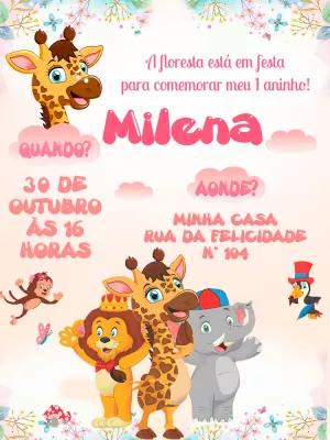Convite Aniversário Giramille com Animais para Editar Online