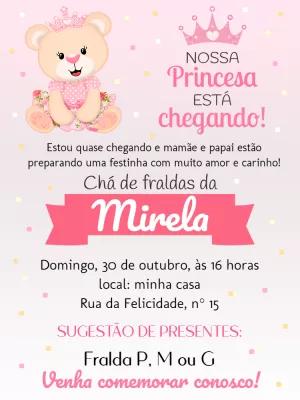 Convite Chá de Fraldas Ursinha Princesa para Editar Online