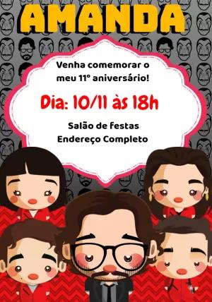Convite Aniversário La Casa de Papel Fofo para Editar Online