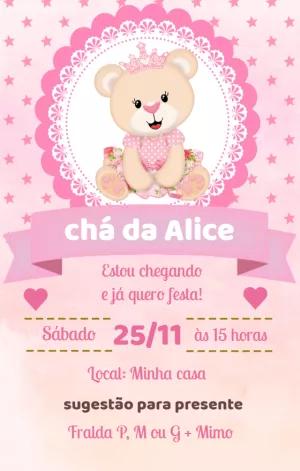 Convite Chá de Fraldas Ursinha Princesa para Editar Online