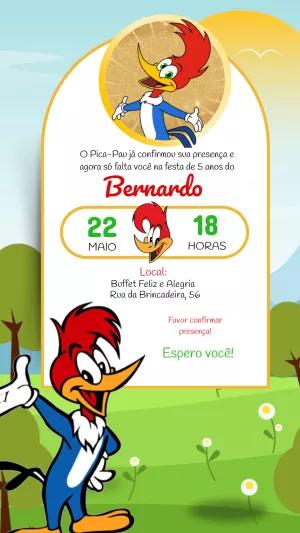 Convite de Aniversário Pica-Pau para Editar Online