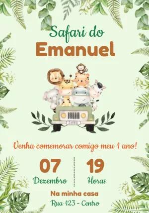 Convite Aniversário Safari Baby com Animais para Editar Online