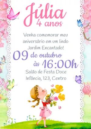 Convite Aniversário Jardim Encantado com Menina para Editar