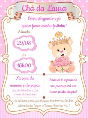 Convite Chá de Fraldas Ursinha Princesa para Editar Online