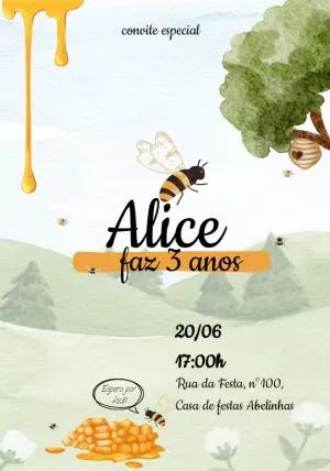 Convite de Aniversário Abelhinha e Mel para Editar Online