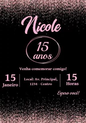 Convite de 15 Anos Glitter Rosa e Preto para Editar Online