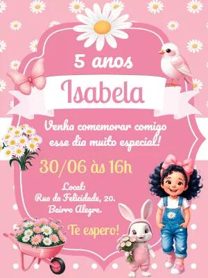 Convite Aniversário Jardim Margaridas com Menina para Editar