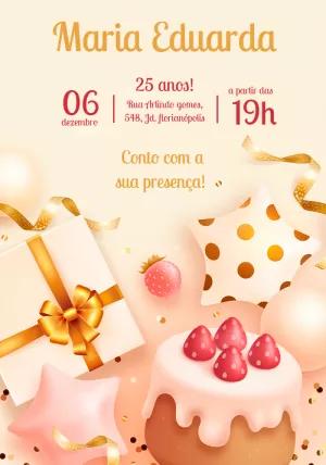 Convite de Aniversário com Cupcake Dourado para Editar Online