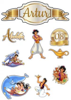 Topo de Bolo Aladdin com Personagens e Elementos para Editar
