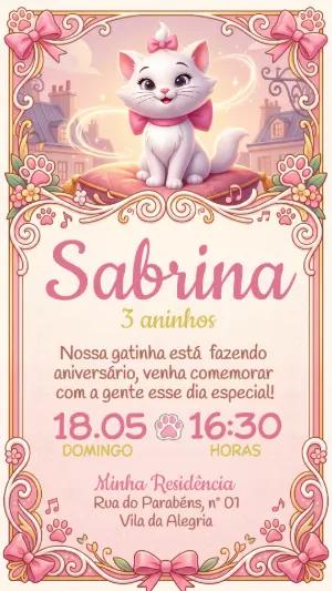 Convite de Aniversário Gatinha Marie Rosa e Dourado Editável