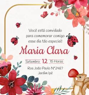 Convite de Aniversário Joaninha Floral para Editar Online