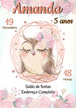 Convite Aniversário Coruja com Flores para Editar Online