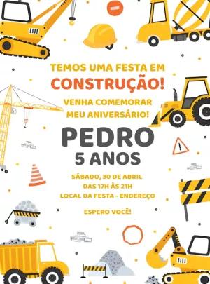 Convite Aniversário Construção com Tratores para Editar Online