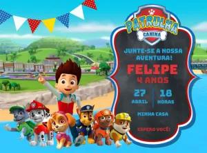 Convite de Aniversário Patrulha Canina com Personagens para Editar