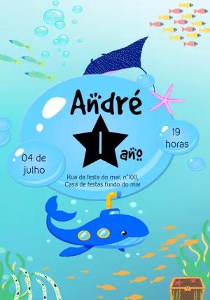 Convite de Aniversário Fundo do Mar com Submarino para Editar