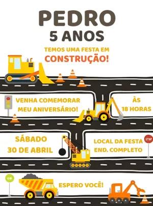 Convite Aniversário Construção com Trator para Editar Online