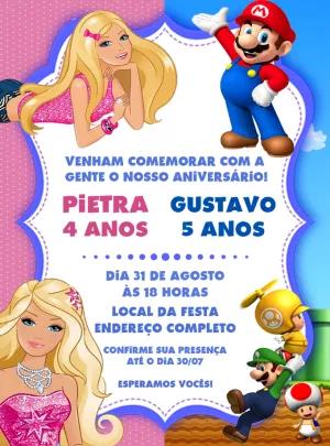Convite Aniversário Duplo Barbie e Super Mario para Editar